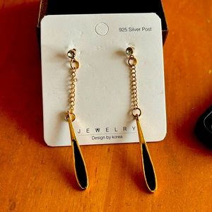 Black earrings inside of gold with rhinestone at earlobe 925 silver post